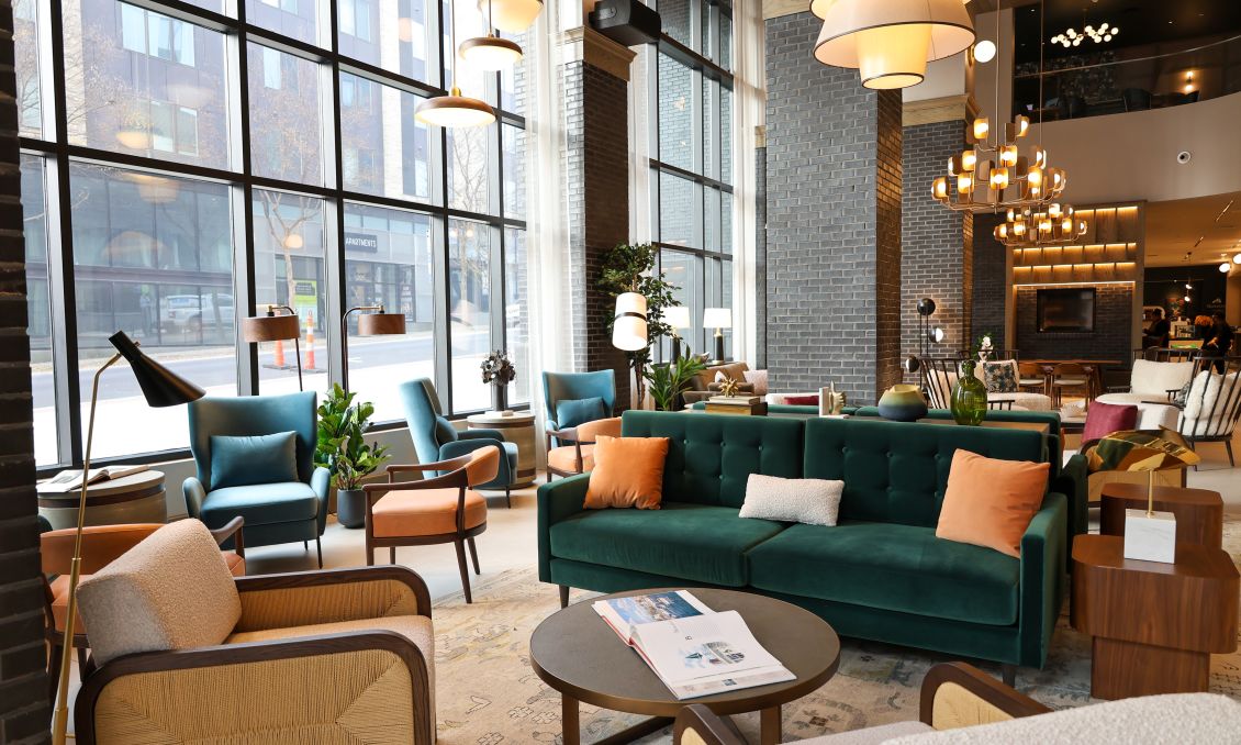 Sun-soaked lobby of the new Dual Brand Tempo Homewood Suites hotel in downtown Raleigh
