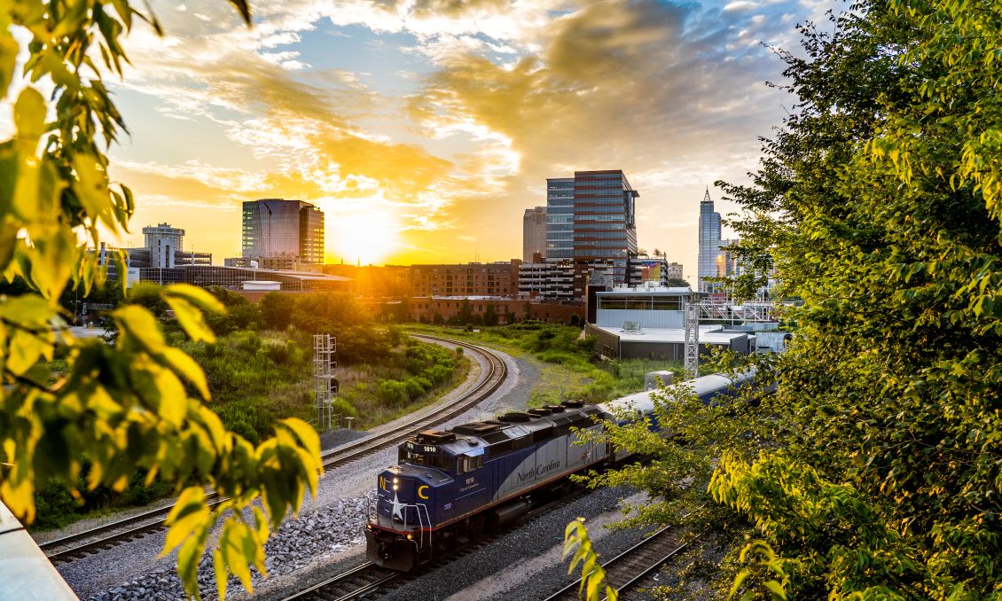 Downtown Raleigh skyline with train