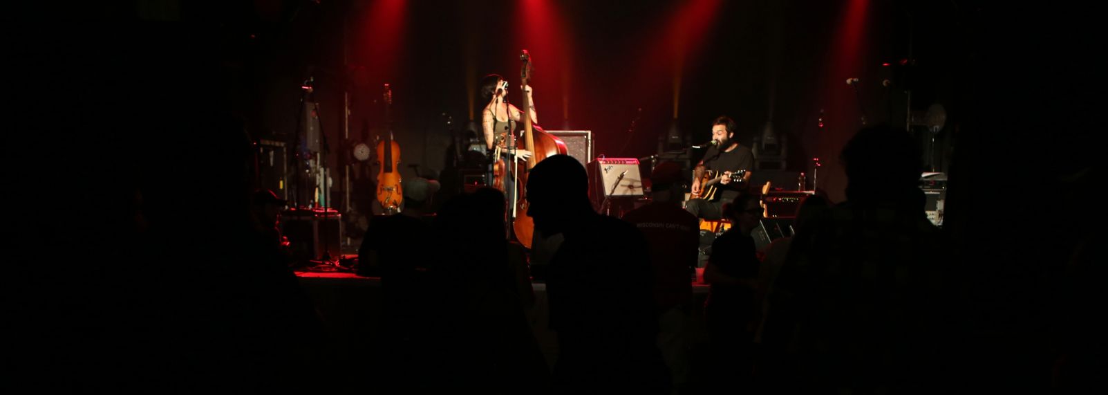 Live music performance with a double bass player and guitarist on stage under red spotlights, audience silhouettes in foreground.