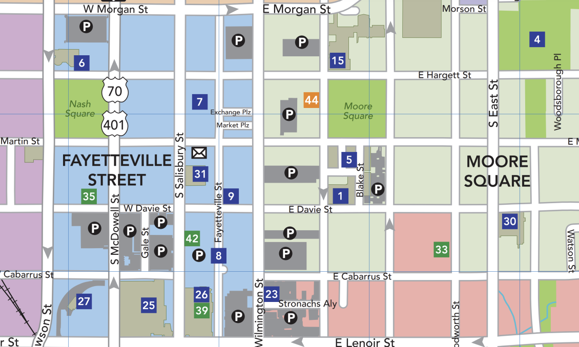 Map of downtown Raleigh, NC, showing streets labeled Fayetteville Street, Moore Square, parks, buildings, and key location markers.
